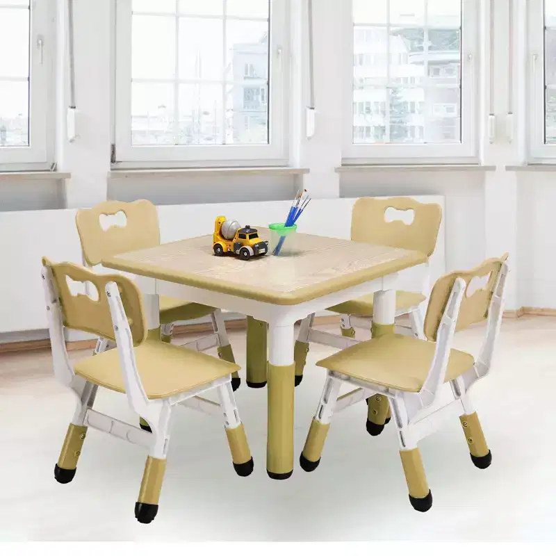 Modern Kids Table and 4 Chair Set,23 Height Adjustable Toddler Table and 4 Chairs with Non-Slip Desk Legs&Organizer Graffiti Desktop