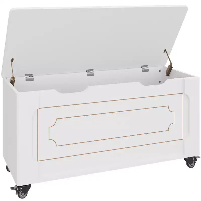 Modern Wooden Entryway Storage Bench with Wheels Lift-Top Chest, 2 Safety Hinges, Rounded Corners, 350 lbs Capacity, Shoe and Blanket Trunk, White