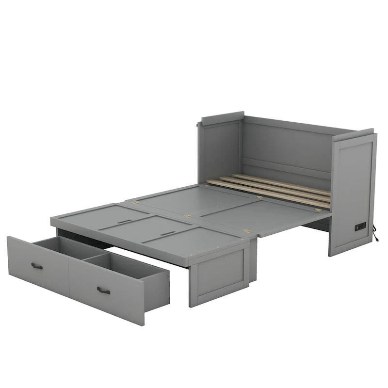 Full Pine Murphy Bed with USB & Drawer