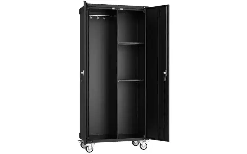 72-Inch Black Metal Garage Storage Cabinet, Lockable with Adjustable Shelves and Wheels