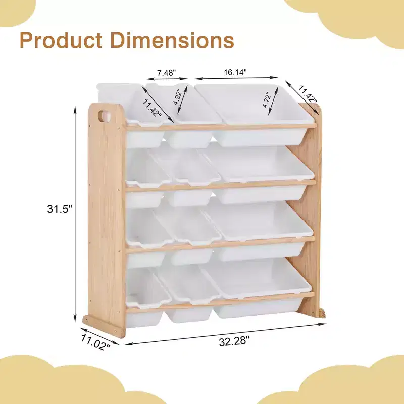 VECELO Kids Bookshelf Toy Storage with 12 Bins, Wooden Toy Rack for Toddlers, Large-Capacity Playroom Storage for Books or Toys