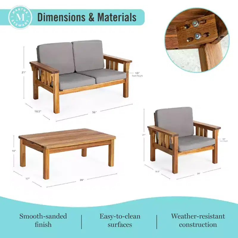 Martha Stewart Kids Outdoor Couch, Chair & Table Set: Acacia Wood Outdoor Furniture for Kids | Picnic Table, Chair & Sofa for Backyard, Garden, Patio