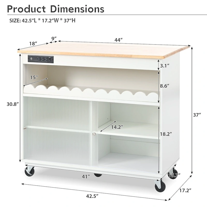 44 in. W Kitchen Island Rubberwood Drop-Leaf Countertop on 5 Wheels with Open Shelf and Wine Rack - 44