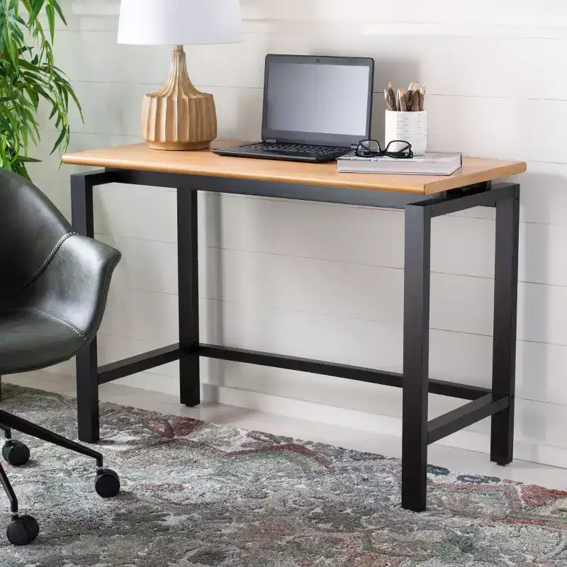 Industrial Writing Desk with Recessed Detail, Natural Wood Top & Black Base