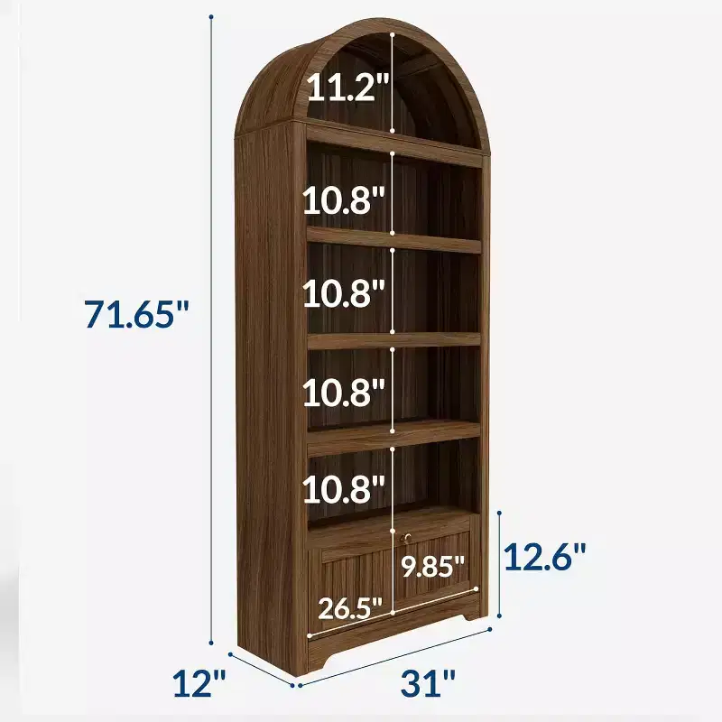 71 Tall Farmhouse Arched Bookshelf with 6 Tiers, Drawer, and Storage Cabinet, Modern Open Display Bookcase for Living Room, Office, or Kitchen