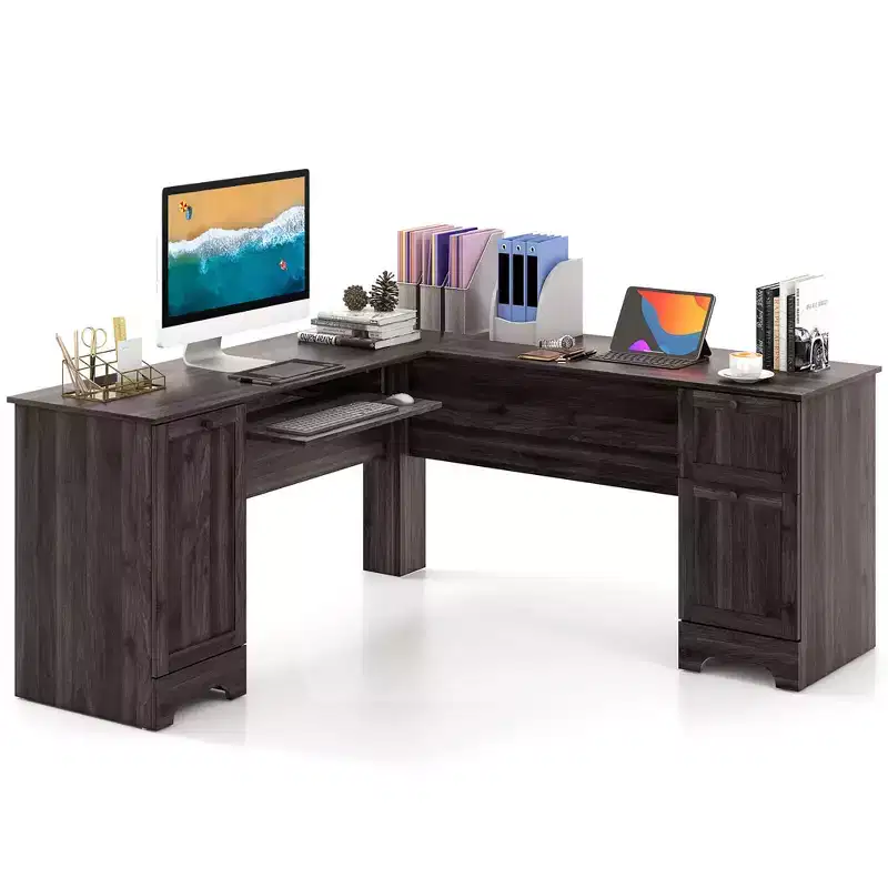 Costway 66.5'' L Shaped Home Office Desk Corner Computer Desk Keyboard Tray Dark