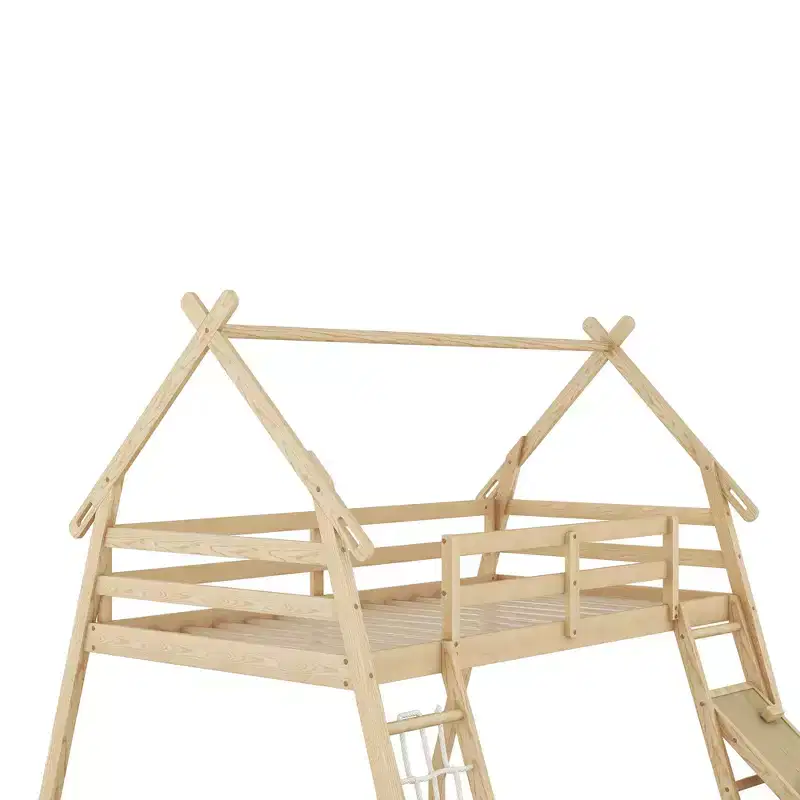 Twin Over Queen House Bunk Bed with Climbing Nets and Ramp