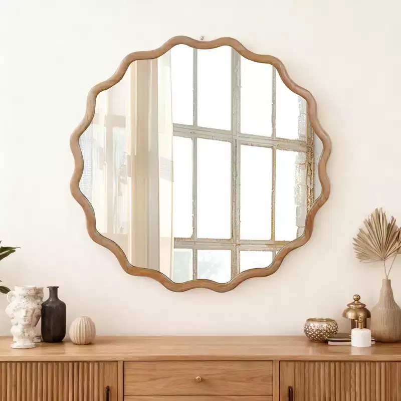 30 inched Wood Frame Wavy Round Decorative Mirror for Bedroom Bathroom Living Room Entryway Natural