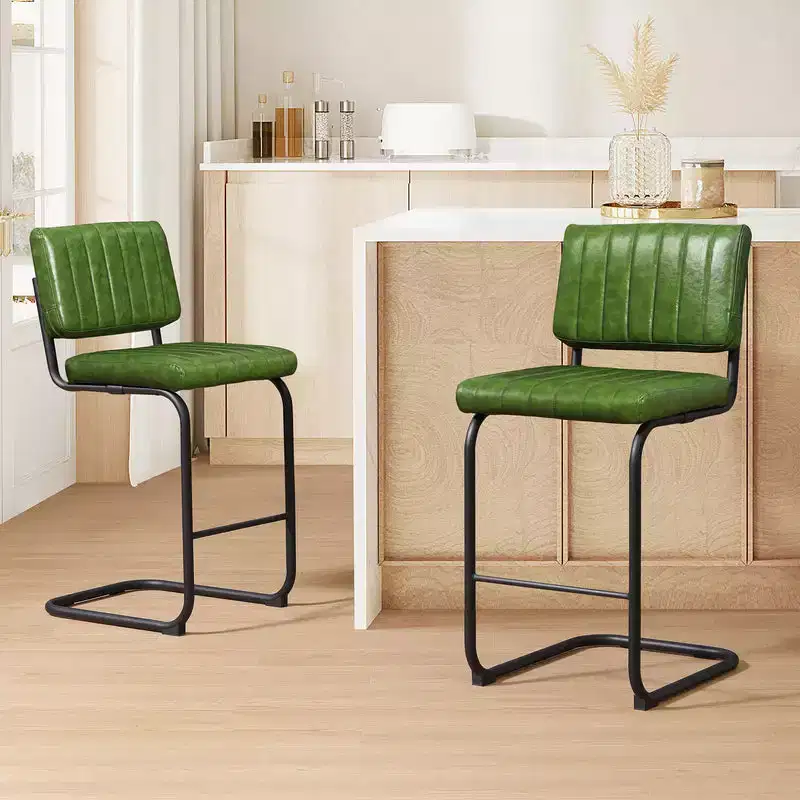 HOMLUX Upholstered Set of 2 Cantilever PU Leather Counter Height Barstool with Black Metal LegsOlive Green