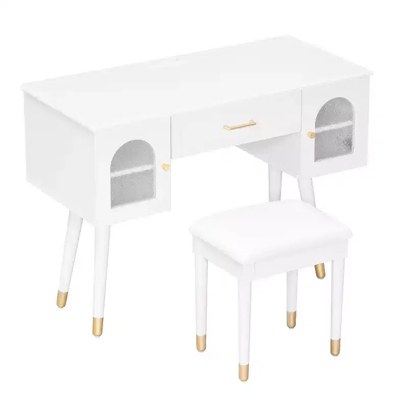 Homy Casa Vanity Table with Stool and Storage Cabinets for Bedroom or Dressing Room, White