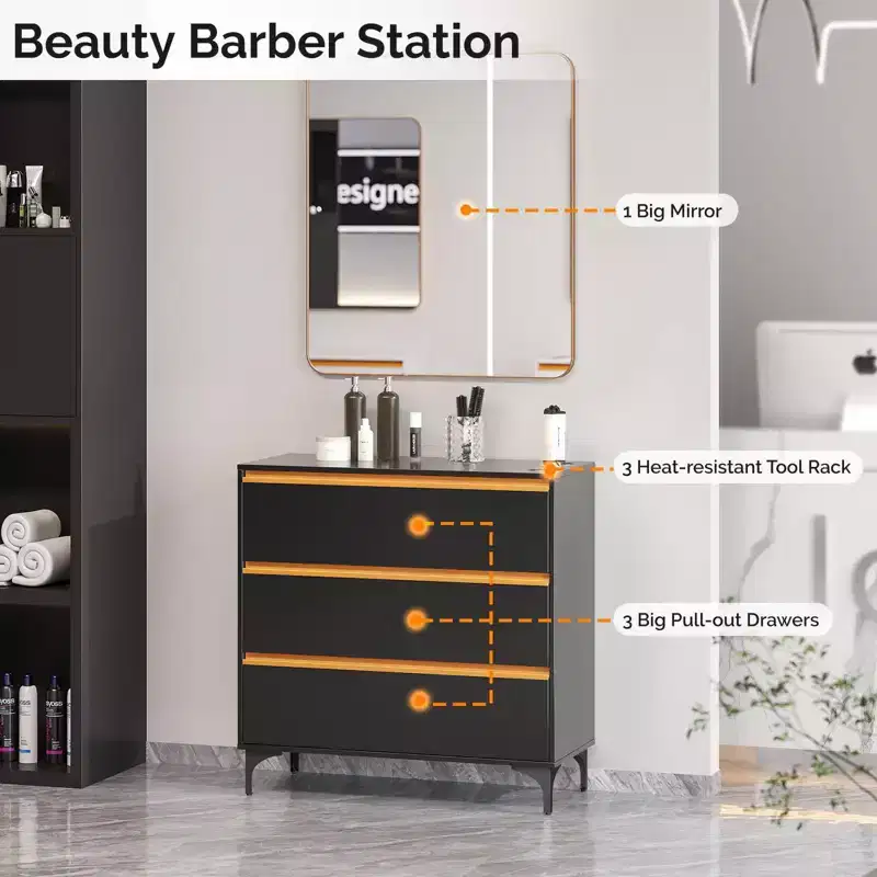 Black Salon Styling Storage Station with Square Mirror and 3 Drawers