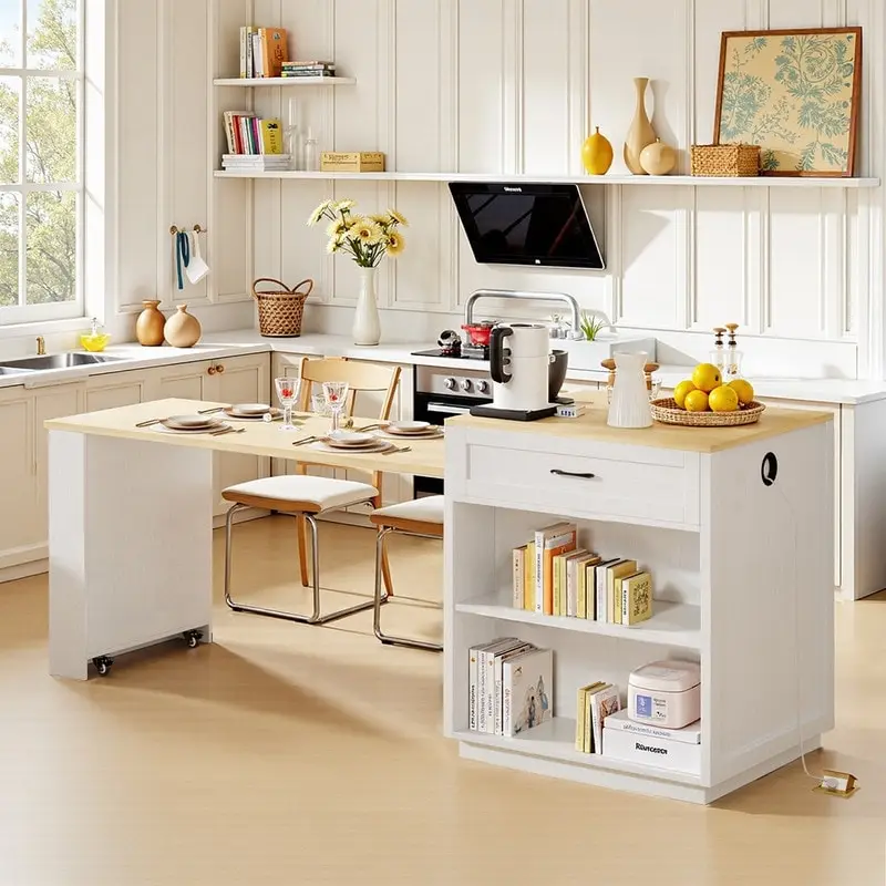 Kitchen Island with Extendable Dining Table – Seats 2-6, USB Charging, Faux Marble Top
