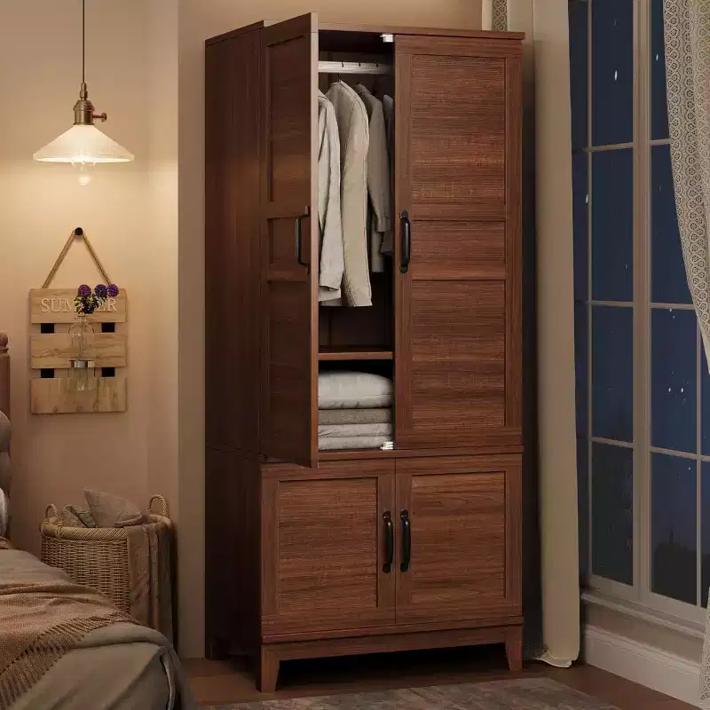 72 Wooden Armoire Wardrobe Closet with 4 Doors, Hanging Rod, and 18 Adjustable Shelves for Bedroom Storage, Clothing Cabinet for Organized Wardrobe