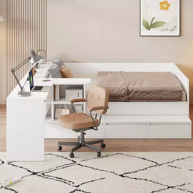 Bellemave Full size Wooden Platform Bed with 6 Drawers, Shelves and Dressing Table, White