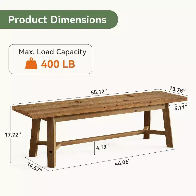 55 Solid Wood Bench, Farmhouse Long Bench Seat for Entryway, Dining Room, Living Room, Solid Wood, Rustic Brown