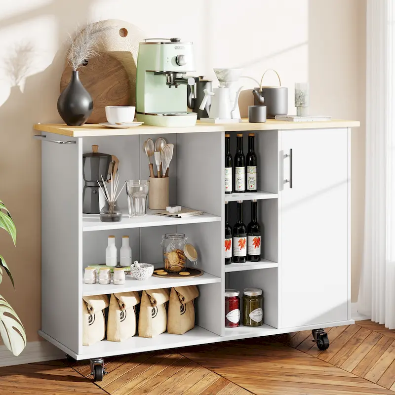 Kitchen Storage Island Cart with 6 Open Shelves and 1 Cabinet