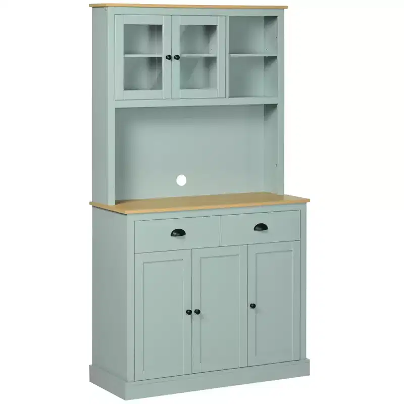 HOMCOM 71 Freestanding Pantry, Kitchen Buffet with Hutch, Modern Storage Cabinet with Drawers, Glass Doors, and Adjustable Shelves, Light Green