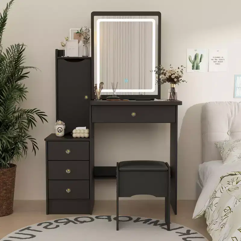 Black / White Vanity Dressing Table Set with Lighted Mirror & Stool – 1 Person