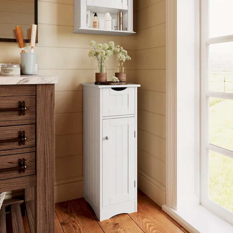 White Single-Door Slim Storage Cabinet with Drawer & Adjustable Shelves