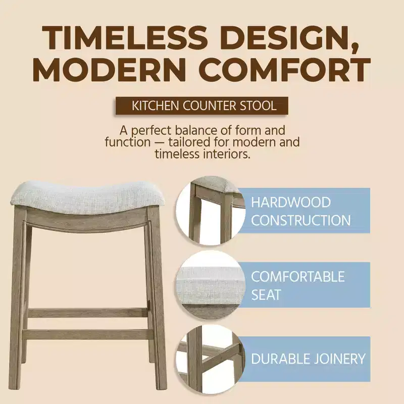Grey Upholstered Backless Counter Stool, Reclaimed Oak Frame, 2-Pack