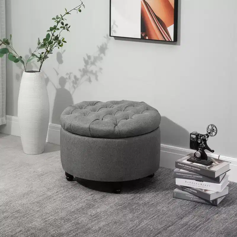 Round Linen-Touch Storage Ottoman, Button Tufted, Removable Lid, Gray