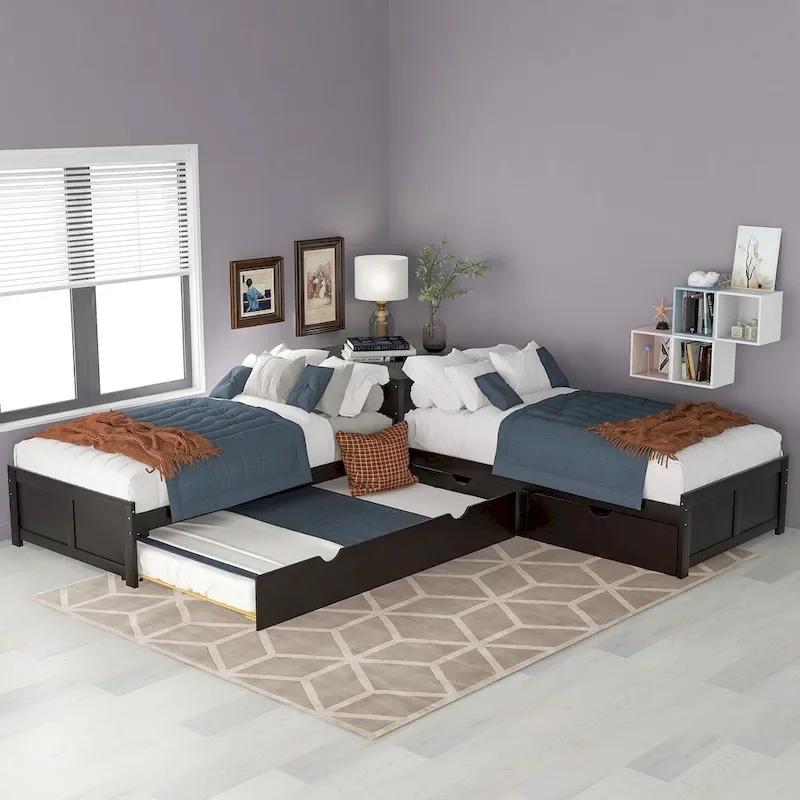 L-Shaped Bunk Bed with Trundle, Drawers, and Built-In Desk, Twin