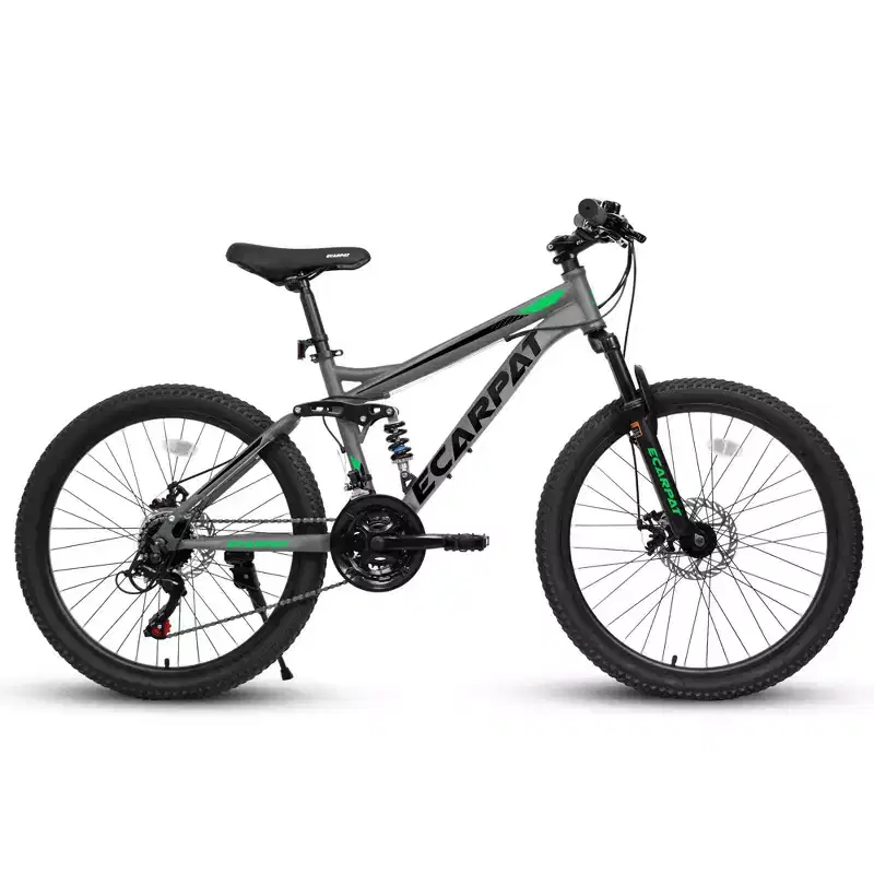 Okak 24 Inch Carbon Steel Mountain Bike with Full Suspension, Mens Bike with 21 Speed Shifter Lever and Disc Brakes, Bicycle for Kids&Adults