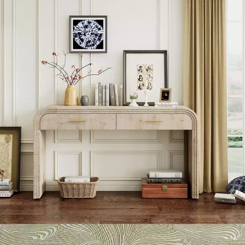 Okak Curved Console Table with Thick Tabletop, Entry Table with 2 Top Drawers and Metal Handle, Accent Table for Dining Room, Living Room