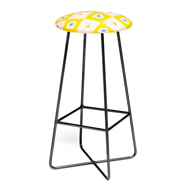 Maritza Lisa White Checkered Flowers Barstool Yellow/Black - Deny Designs: Faux Leather, Steel Legs, 30" Height