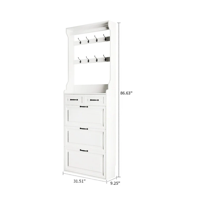 Tall Shoe Storage Cabinet with Drawers and Hooks