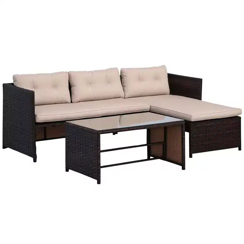 3 Piece Patio Furniture Set, Rattan Outdoor Sofa Set with Chaise Lounge & Loveseat, Soft Cushions, Tempered Glass Table, L-Shaped Sectional Couch