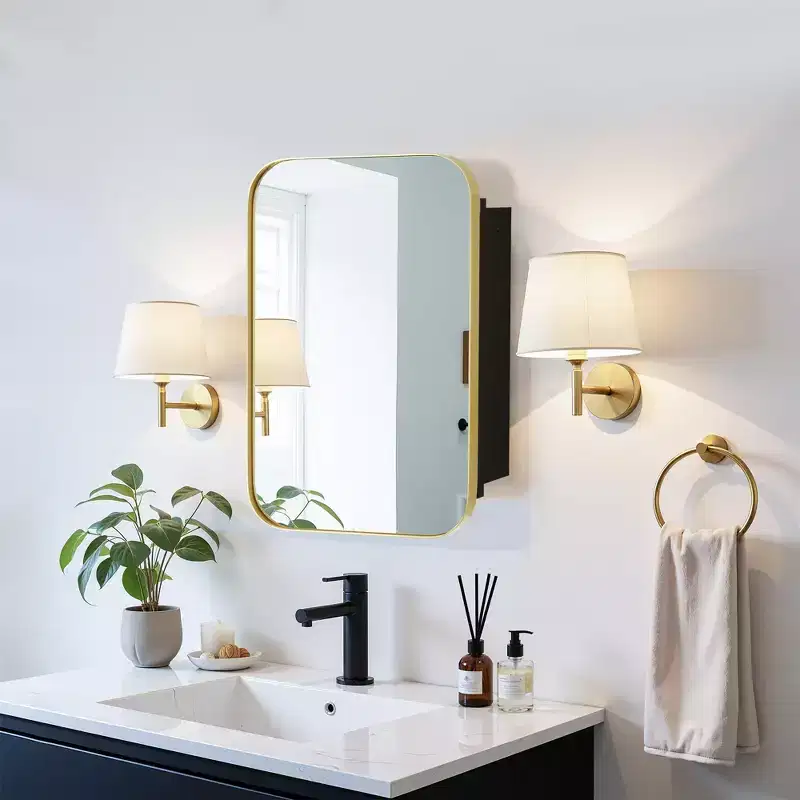 MAYEERTY 24 x 16in Modern Rectangular Bathroom Medicine Cabinets, Metal Framed Wall Mirror with Storage, Gold