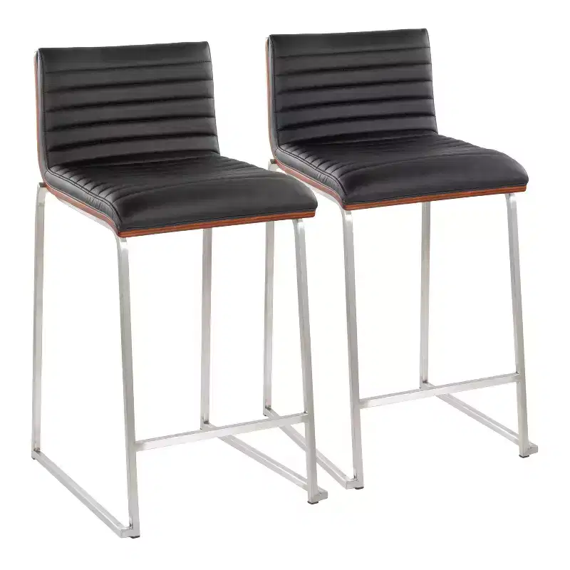 Counter Height Barstools Set of 2 Walnut Wood Back Black Faux Leather Stainless Steel