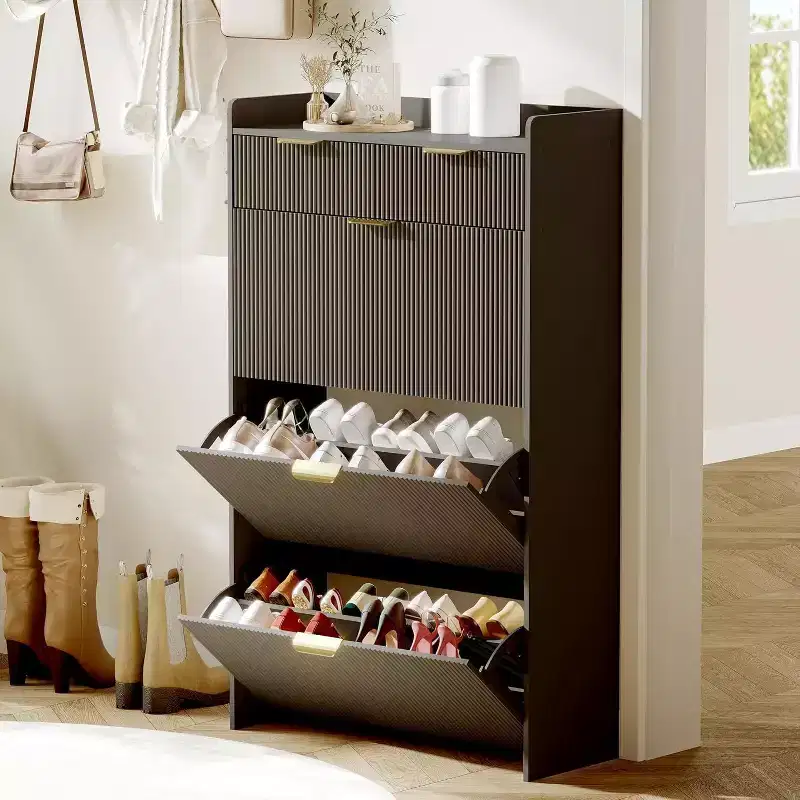 Fluted Narrow Shoe Storage Cabinet with 3 Flip Drawers, Modern Shoe Cabinet, Freestanding Hidden Shoe Rack for Hallway, Entryway, Living Room