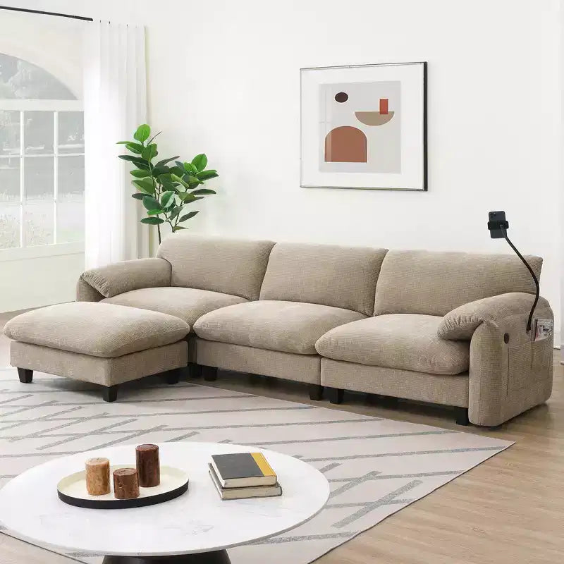 EHMKNP 108 L-Shaped Modular Sectional Sofa with Extra Wide 31.5 Seats, Movable Ottoman, Striped Chenille Fabric