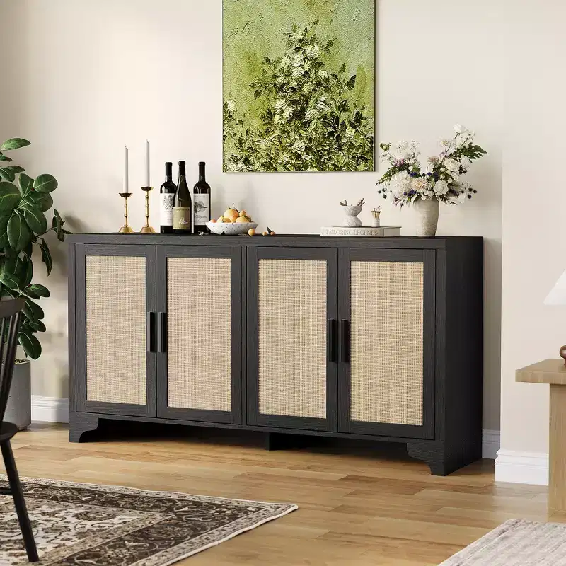 LinTimes Natural Rattan Storage Cabinet with Shelves, 4-Door Sideboard Buffet Cabinet, Boho TV Stand Console Table for Home
