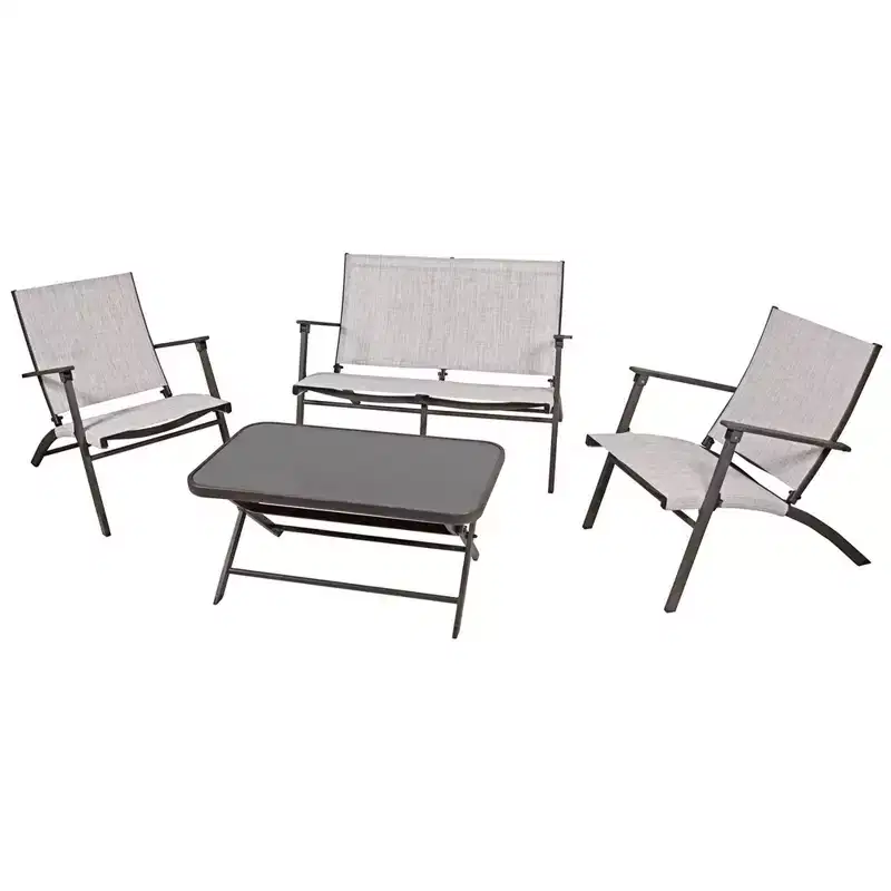 Four Seasons Courtyard Novara 4 Piece Steel Folding Outdoor Conversation Set with 2 Folding Chairs, 1 Loveseat, and 1 Table, Tan/Espresso