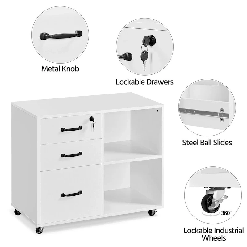 Rolling File Cabinet on with 3 Drawers and 2 Shelves