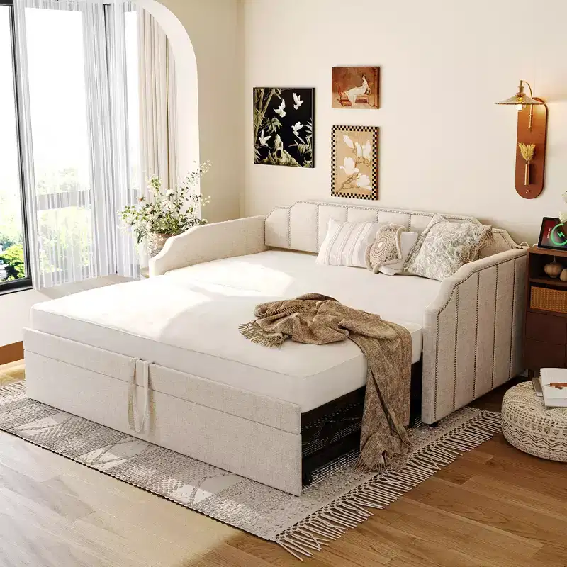 ModernLuxe Twin to King Size Upholstered Daybed with Pop-Up Trundle & USB Charging Ports, Linen Fabric, 400LBS Capacity