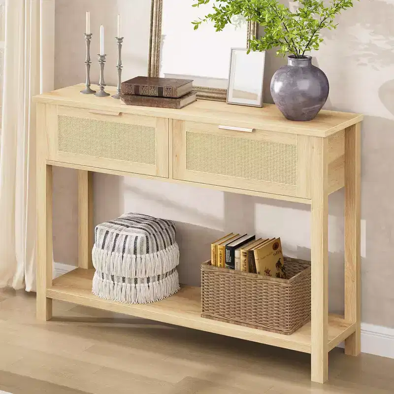 43 Inch Rattan Console Table, Entryway Table with 2 Drawers Storage Shelf Woven Design, Farmhouse Sofa Table TV Stand