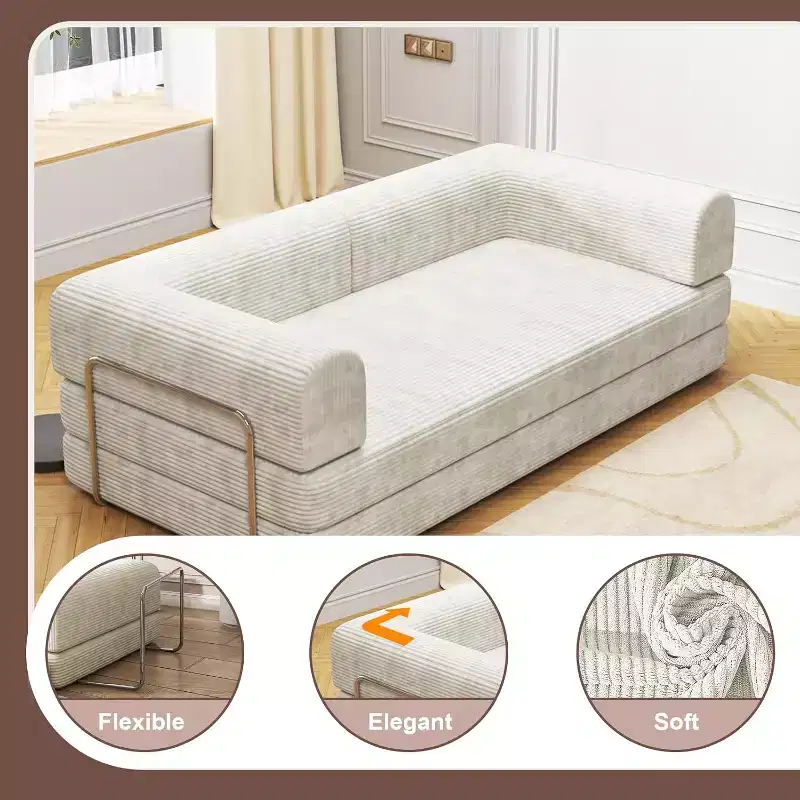 Convertible Corduroy Sleeper Sofa Bed,Folding Mattress Couch with Fixed-Shape Frame, 3 Seater Fold Out King Size Futon for Home Office