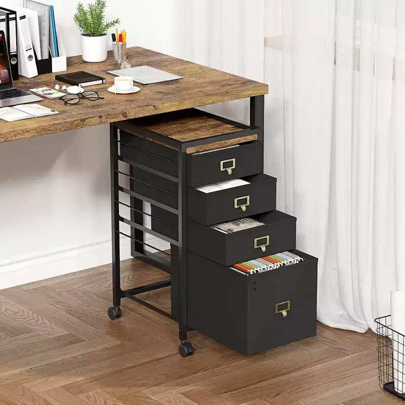 Retro - colored MDF Iron Under - Table Cabinet with Cloth Drawers, Lockable Wheels, Anti - Drop Buckle, A4 Document Storage