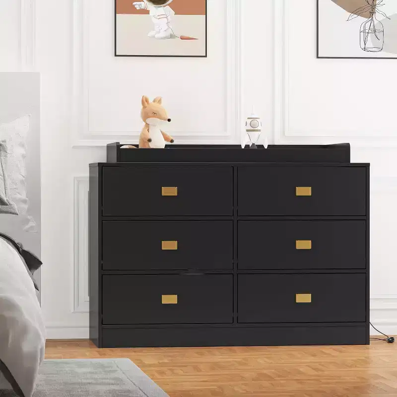 Dresser for Bedroom with 6 Drawers, Changing Table Dresser, Soft Pad & Removable Top, Baby Dressers with Changing Table Top for Nursery