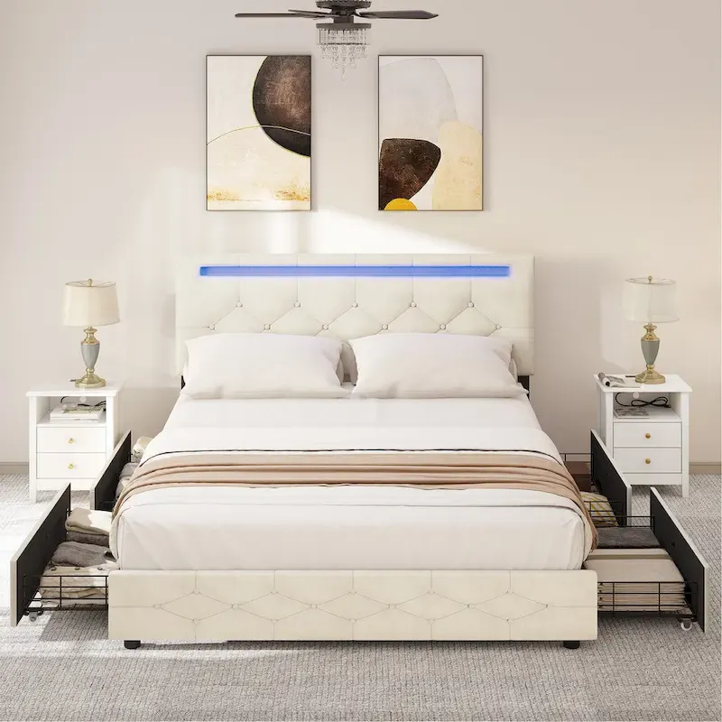 Queen Adjustable Upholstered Headboard Platform Bed Led Bed Frame with 4 Storage Drawers