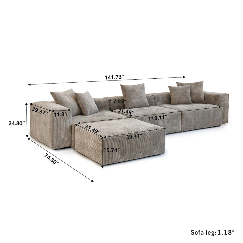 Modern Sectional Couch Sofa with 5 Pillows, Luxurious Modular Sectional Couch with Chaise Ottoman