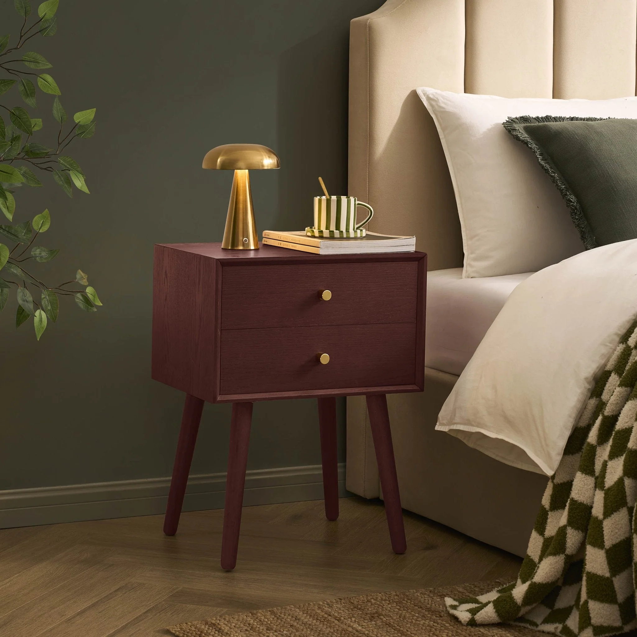 Oak 2 Drawer Bedside Table - Cherry Wood