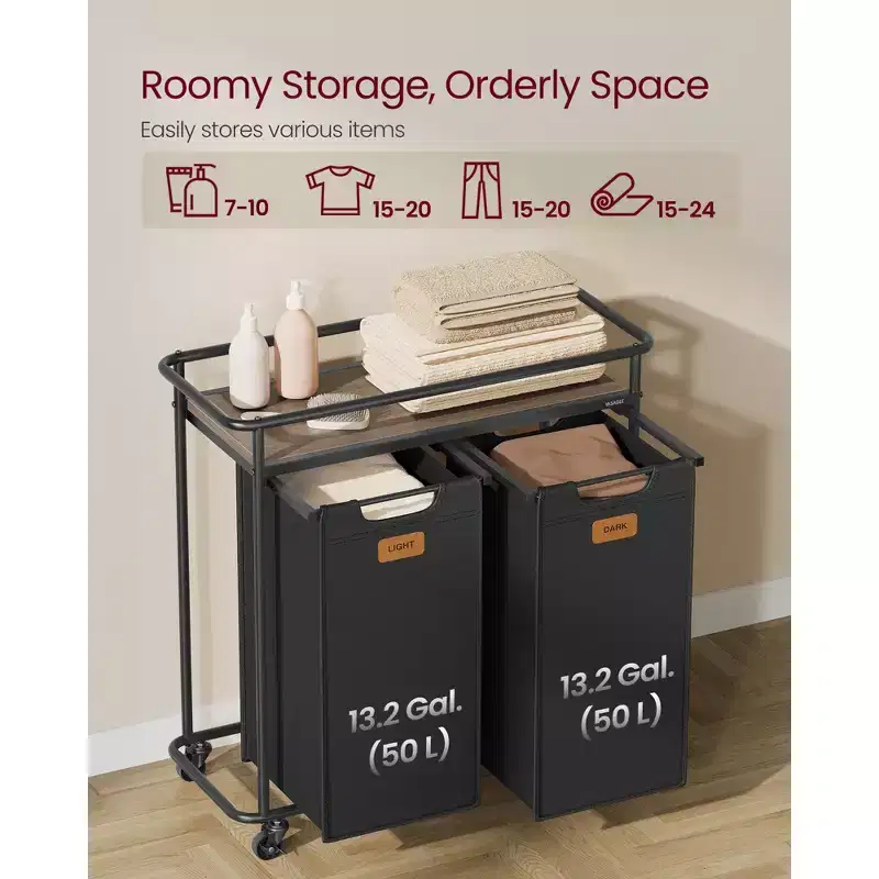Laundry Sorter with Wheels, 26.4 Gal Rolling Cart with 2 Removable Liners & 6 Labels, Top Shelf for Detergent, Portable Hamper, Ink Black