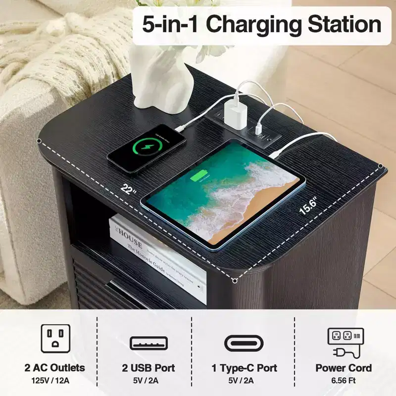 Fluted Nightstand with Built-In Charging Station - 2 Drawers, Open Shelf, USB & Type-C Ports