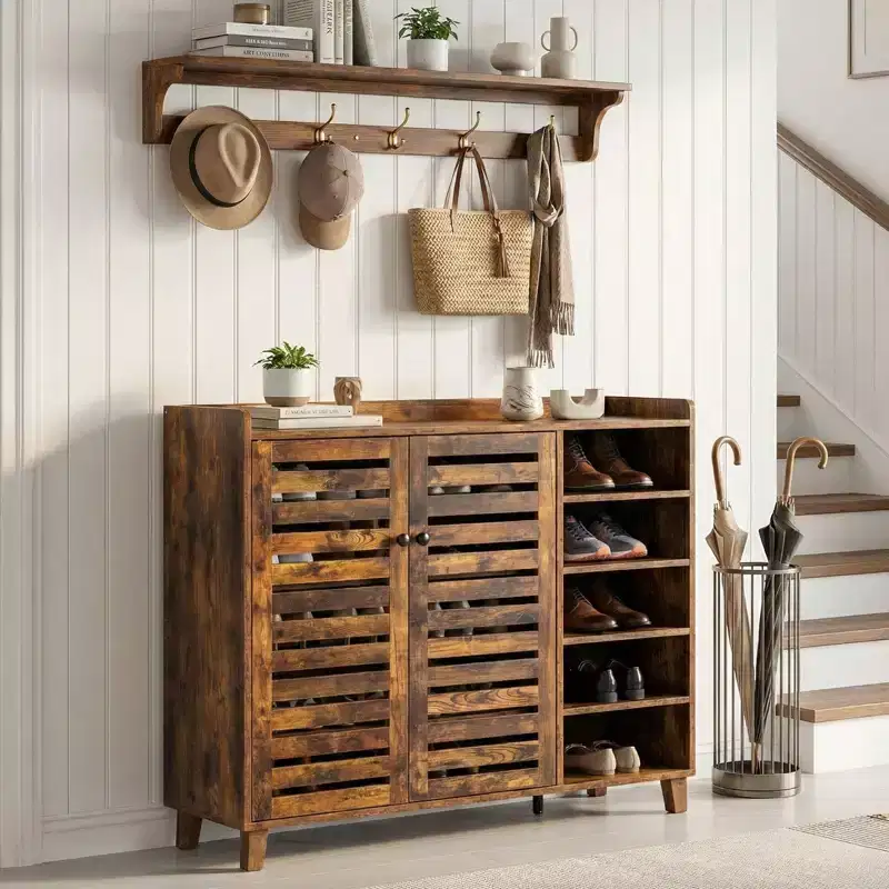 2-Door Shoe Cabinet With 5 Open Shelves Backsplash Top 45.67 W