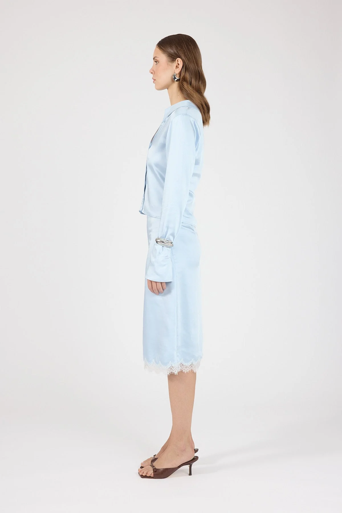 Satin Lace Midi Skirt Blue/White